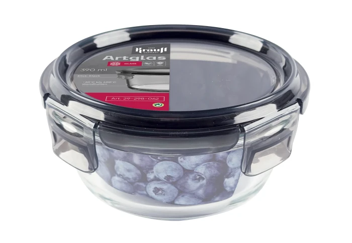 Круглий скляний контейнер із кришкою на засувках Krauff Artglas 29-298-062 (390 мл)
