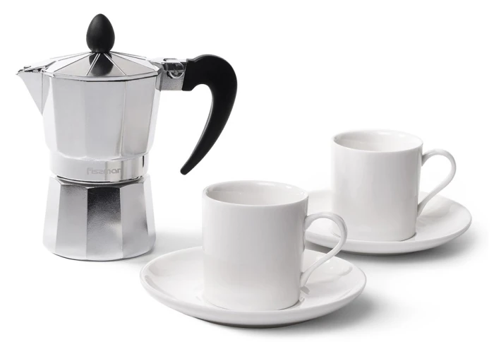 Гейзерная алюминиевая кофеварка на 2 чашки с 2 чашками и 2 блюдцами Fissman 3324