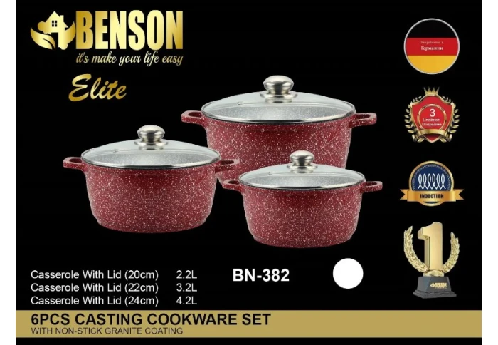 Набор кастрюль с гранитным антипригарным покрытием Benson BN-100382 (6 предметов)