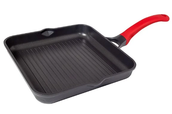 Сковорода гриль квадратная с красной ручкой Биол 2814П (28х28 см)
