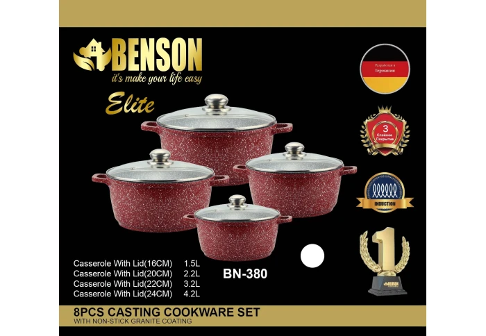Набор кастрюль с гранитным антипригарным покрытием Benson BN-100380 (8 предметов) Набор кастрюль с гранитным антипригарным покрытием Benson BN-100380 (8 предметов)